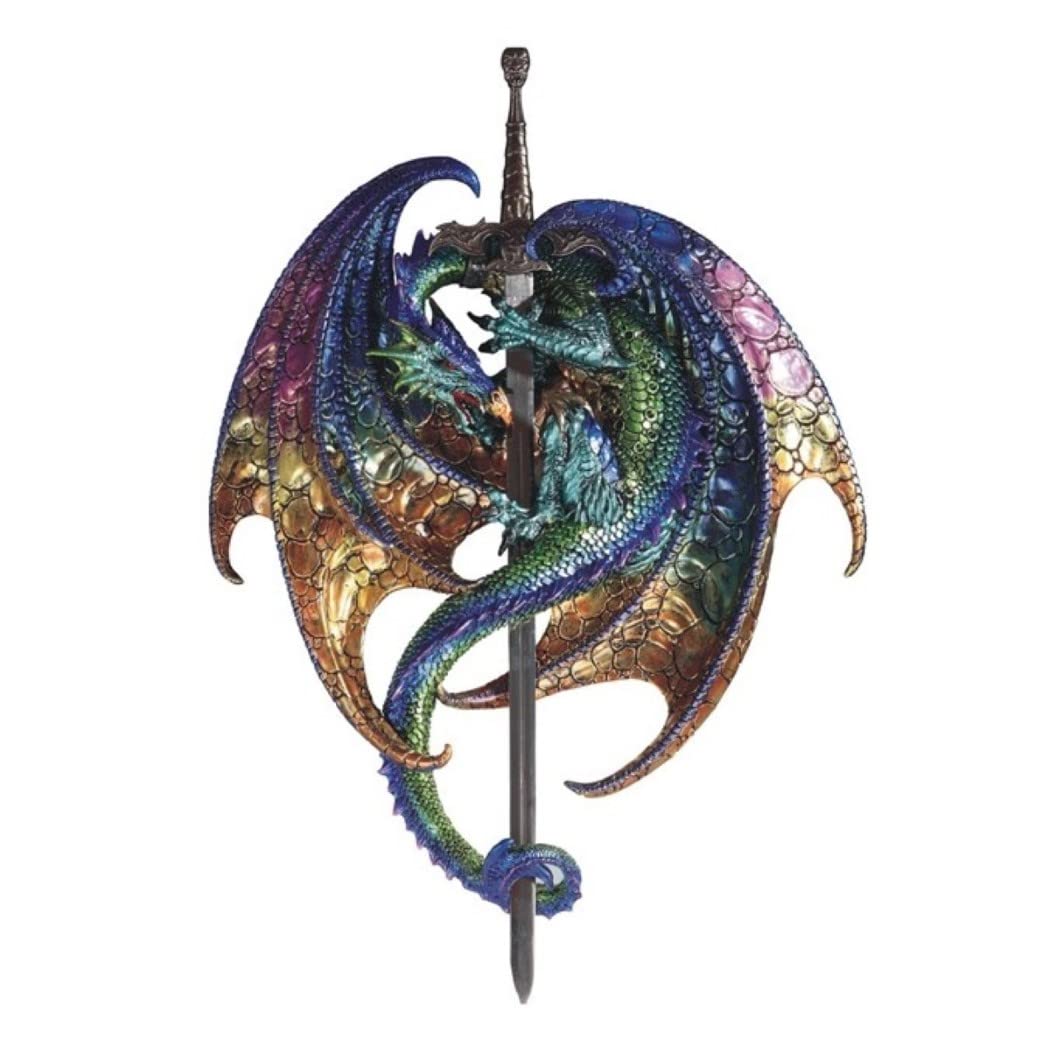 ICE ARMOR Purple/Green Dragon with Sword Wall Plaque Figurine, 18.5 Inches (Height), Metal, Plastic, Polyresin