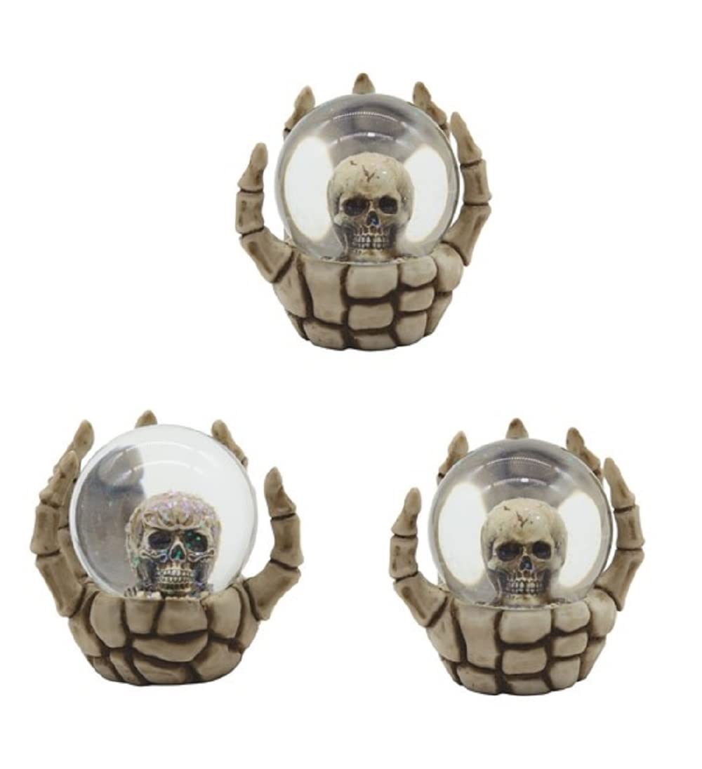 ICE ARMOR 3-PC Skeleton Hand Holding Skull Snow Globe 3.75" W Statue Fantasy Decoration Figurine