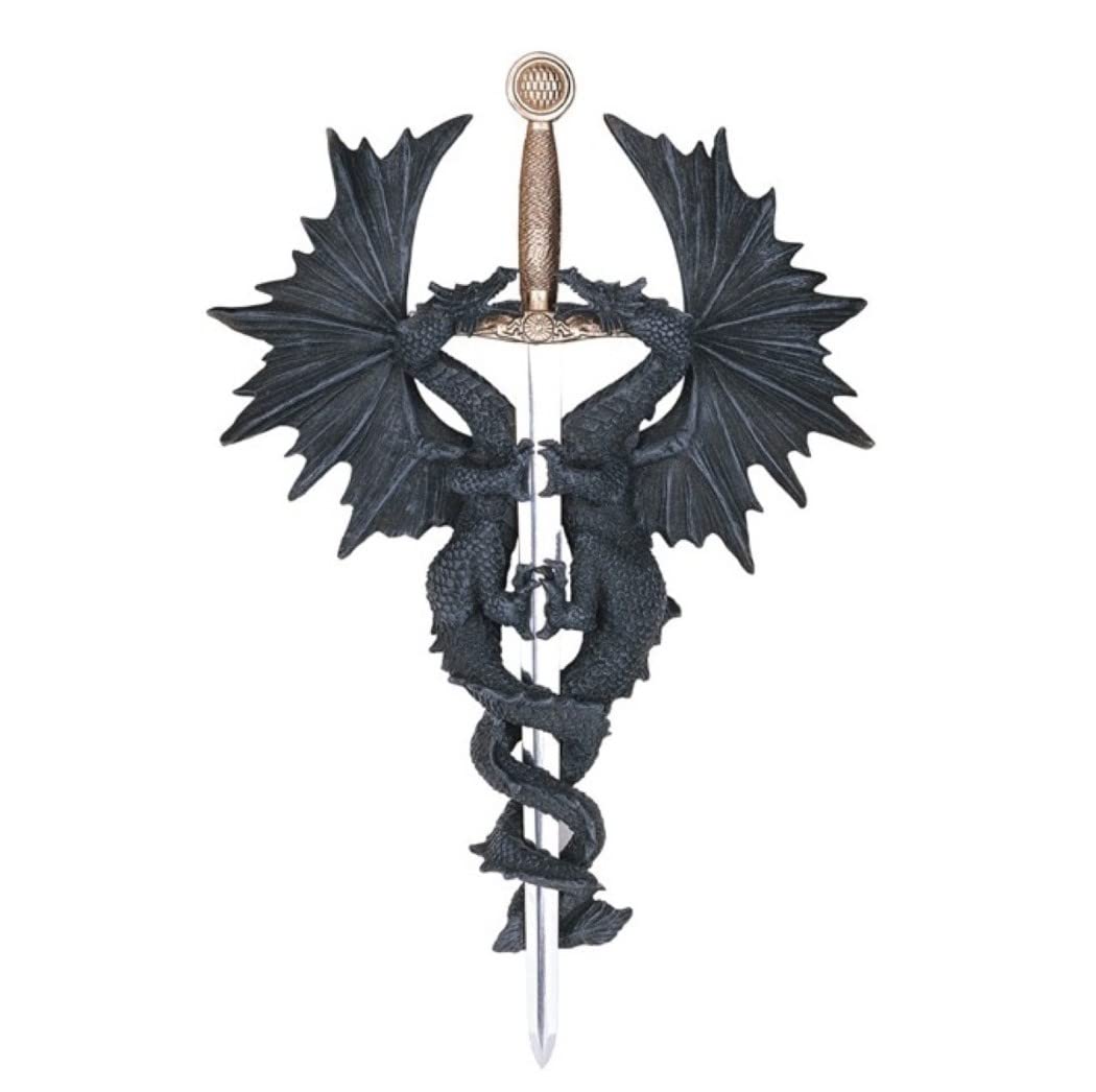 ICE ARMOR 14.5"H 2 Black Dragon with Sword Wall Plaque Décor Figurine