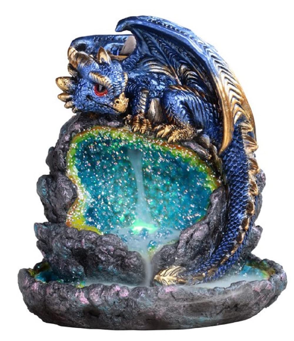 ICE ARMOR 5.5" H Blue Dragon Guarding Faux Crystal Cave Backflow Incense Burner with LED Light Faux Gemstone Incense Holder