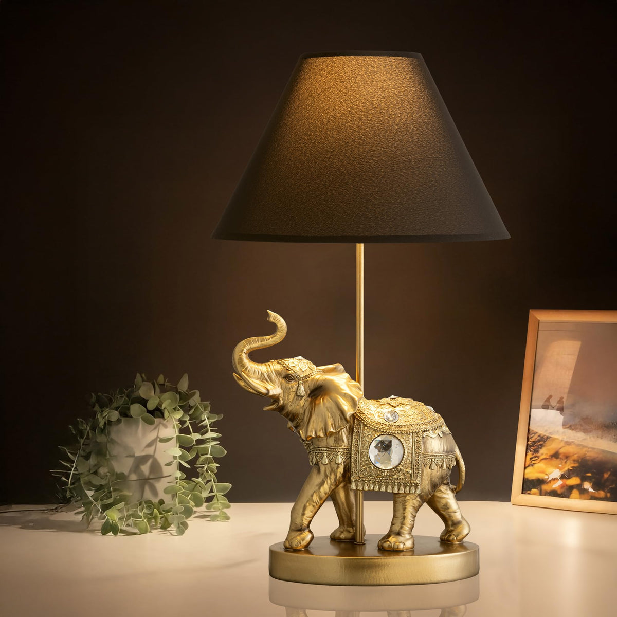 ICE ARMOR 18.5" Detailed Craftsmanship Golden Elephant Table Lamp - Bedside Light with Fabric Shade, Exotic Decor & Cultural Ambiance