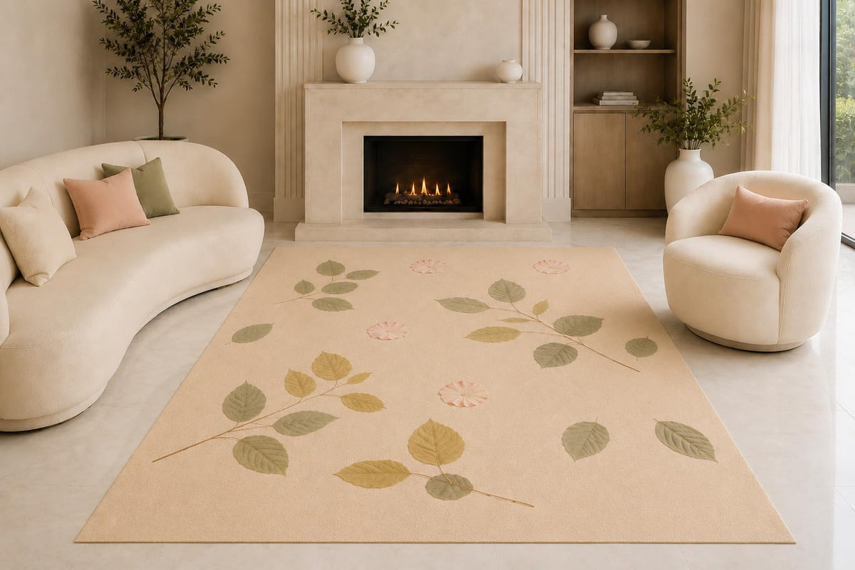 ICE ARMOR "Ultra Lightweight Large 6'7" x 9'10" Minimal Leaf Scatter Area Rug for Living Room, Bedroom and Home Office, Soft Low Pile Carpet with Non-Slip Silicone Backing, Beige and Sage