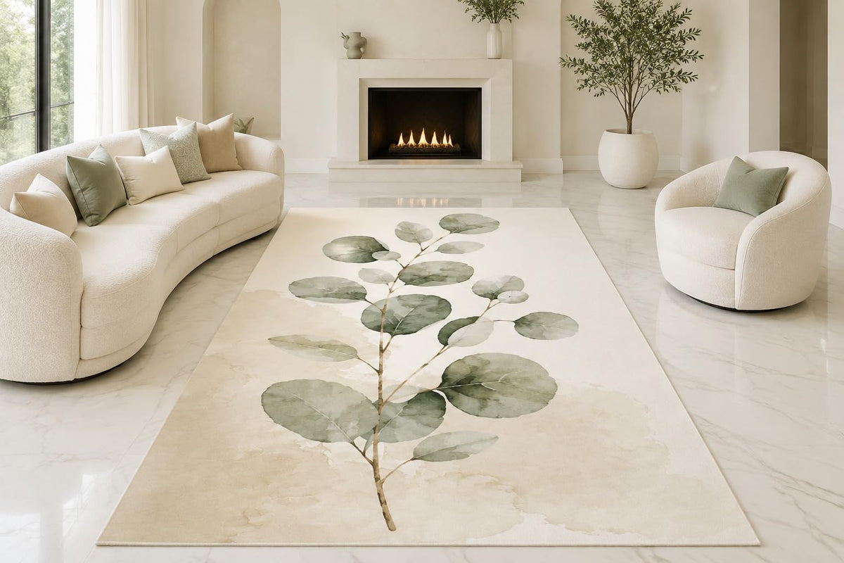 ICE ARMOR "Ultra Lightweight Large 6'7" x 9'10" Eucalyptus Leaf Stem Area Rug for Living Room, Bedroom and Home Office, Soft Low Pile Carpet with Non-Slip Silicone Backing, Sage and Cream