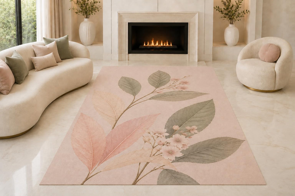 ICE ARMOR "Ultra Lightweight Large 6'7" x 9'10" Pastel Botanical Sprigs Area Rug for Living Room, Bedroom and Home Office, Soft Low Pile Carpet with Non-Slip Silicone Backing, Pink and Sage