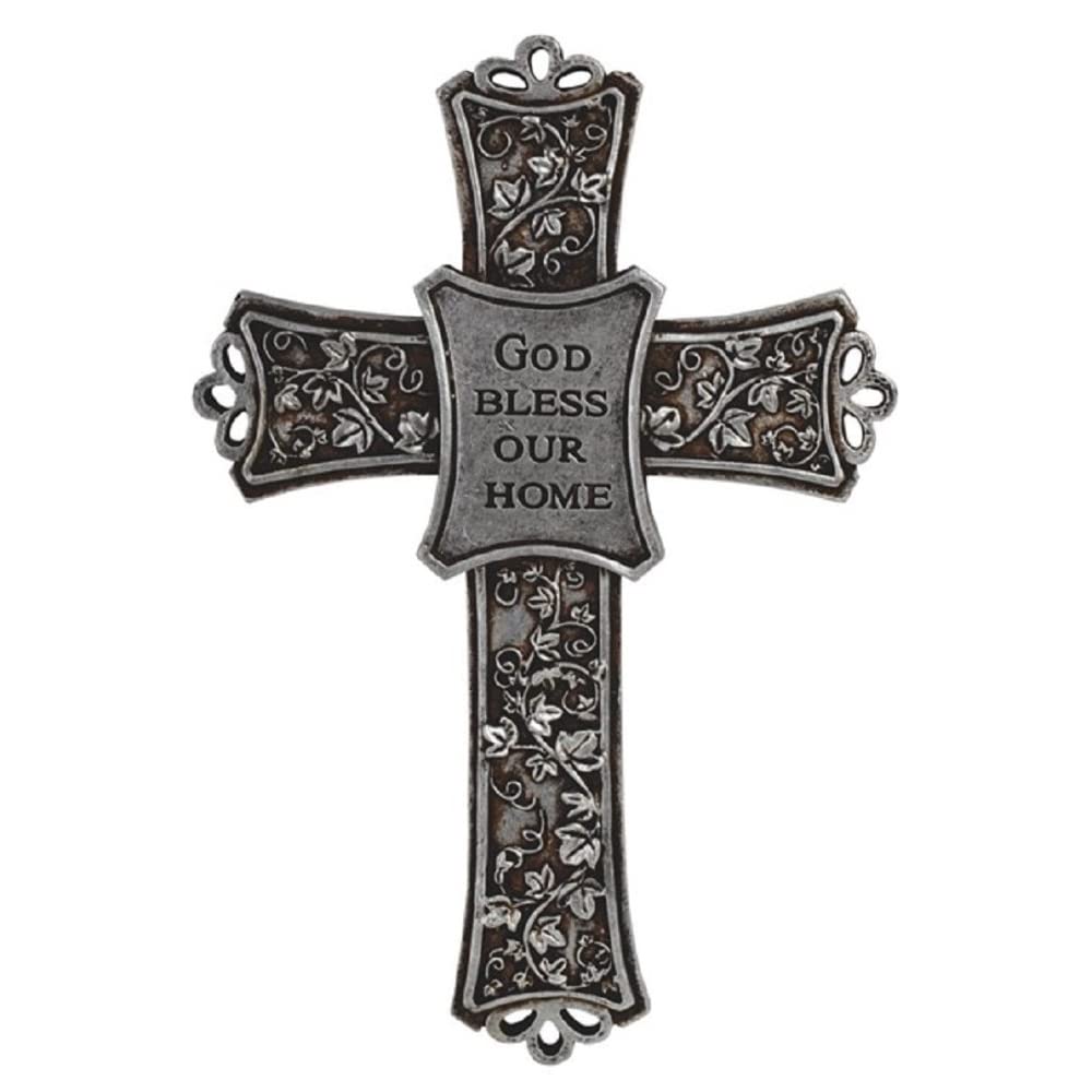 ICE ARMOR 7.5"H God Bless Our Home Decorative Cross in Silver Wall Plaque Holy Statue Religious Decoration Figurine
