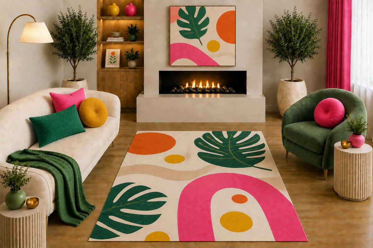ICE ARMOR "Ultra Light Weight 5' x 7' Tropical Boho Area Rug Hot Pink Green Orange Mustard Monstera Leaf Abstract Design for Living Room Bedroom Nursery Non-Slip Silicone Backing Low Pile