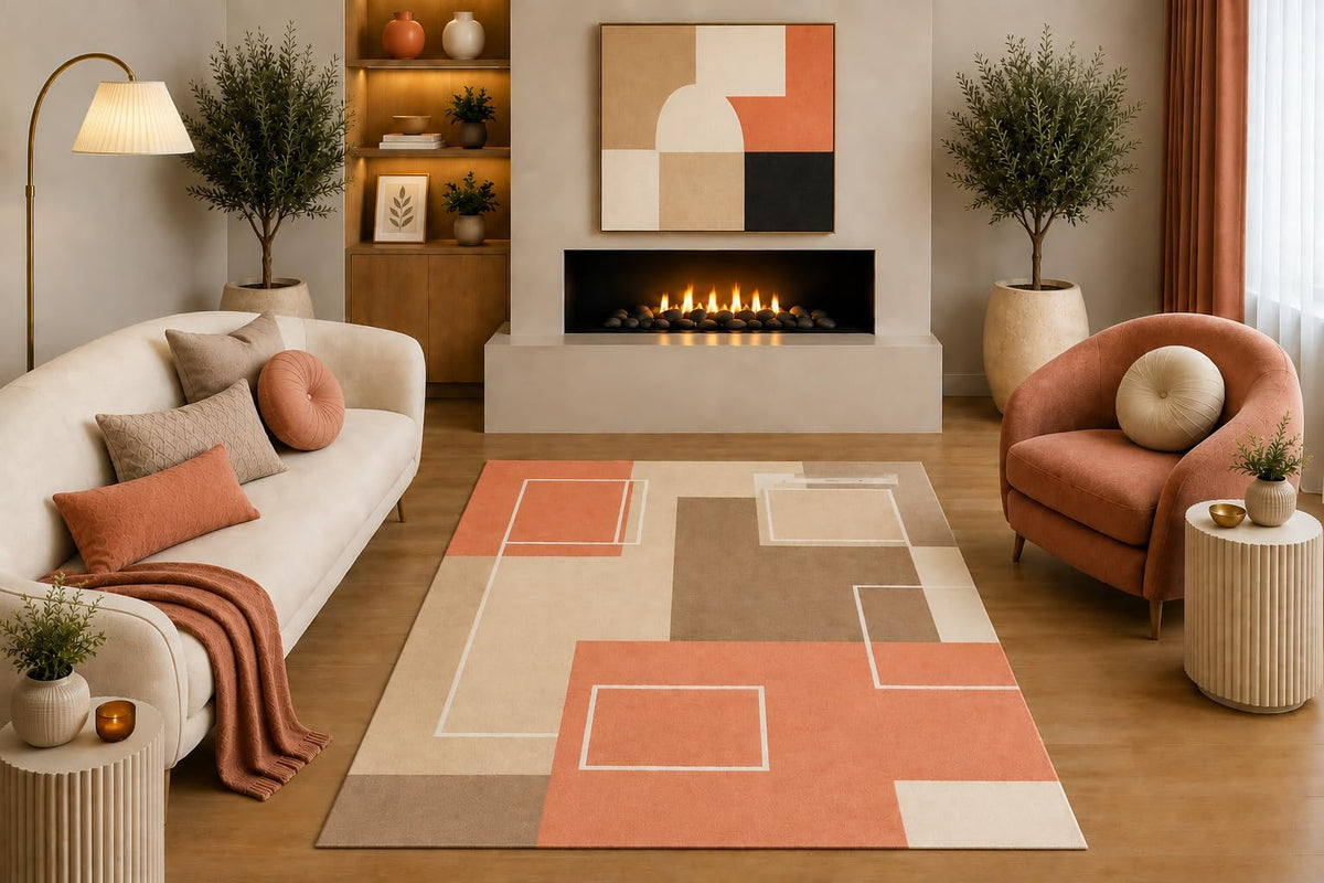 ICE ARMOR "Ultra Light Weight 5' x 7' Modern Geometric Area Rug Coral Beige Taupe Abstract Block Outline Design for Living Room Bedroom Dining Room Office Non-Slip Silicone Backing Low Pile