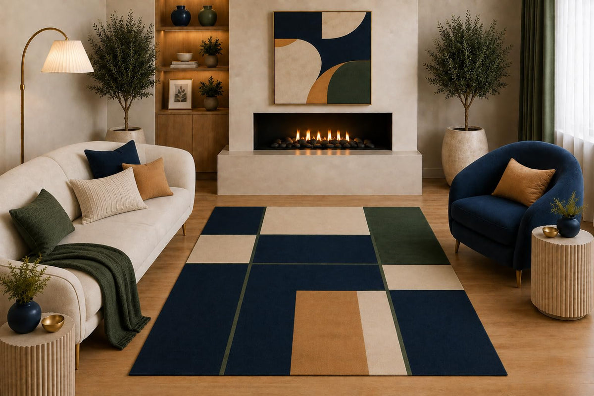 ICE ARMOR "Ultra Light Weight 5' x 7' Modern Geometric Area Rug Navy Blue Olive Green Tan Cream Color Block Design for Living Room Bedroom Dining Room Office Non-Slip Silicone Backing Low Pile