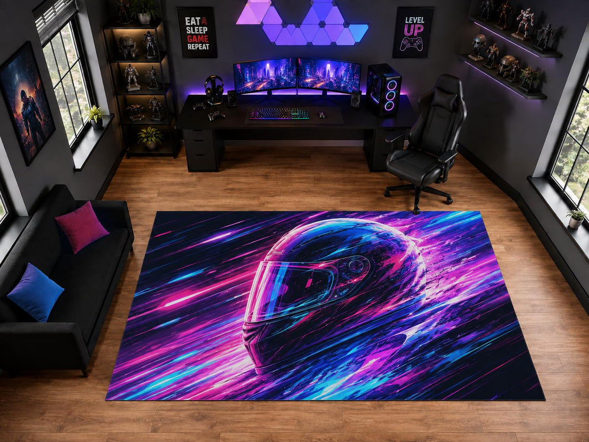 ICE ARMOR "Ultra Light Weight Large 6'7" x 9'10" Neon Racing Helmet Area Rug for Gaming Room Decor, Soft Low Pile Indoor Rug with Non-Slip Silicone Backing, Pink Blue Black
