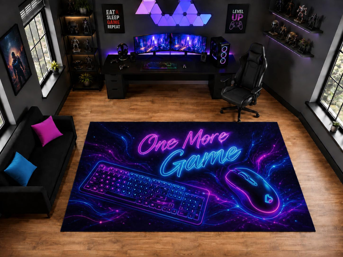 ICE ARMOR "Ultra Light Weight Large 6'7" x 9'10" One More Game Keyboard Mouse Area Rug for Playroom Decor, Soft Low Pile Indoor Rug with Non-Slip Silicone Backing, Black Pink Blue