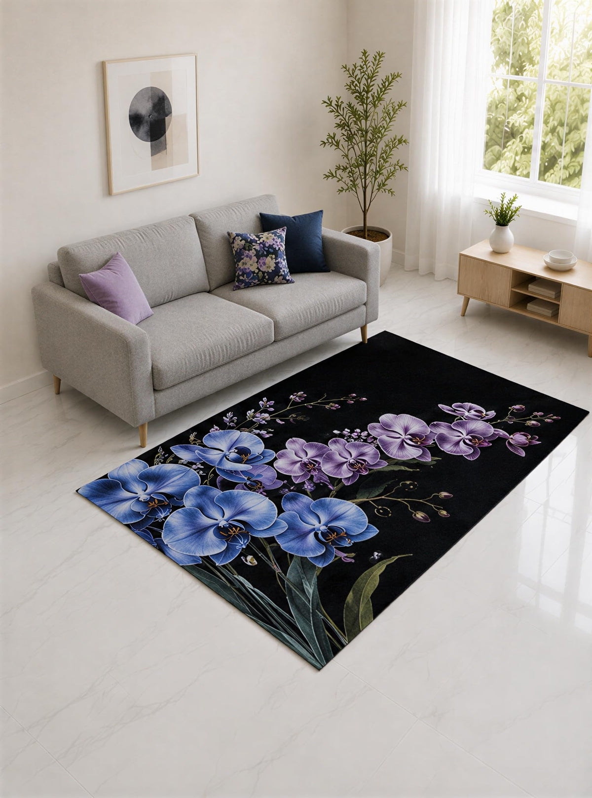 ICE ARMOR "Ultra Lightweight 5' x 7' Blue and Purple Orchid Botanical Area Rug for Living Room, Bedroom and Home Office, Soft Low Pile Carpet with Non-Slip Silicone Backing