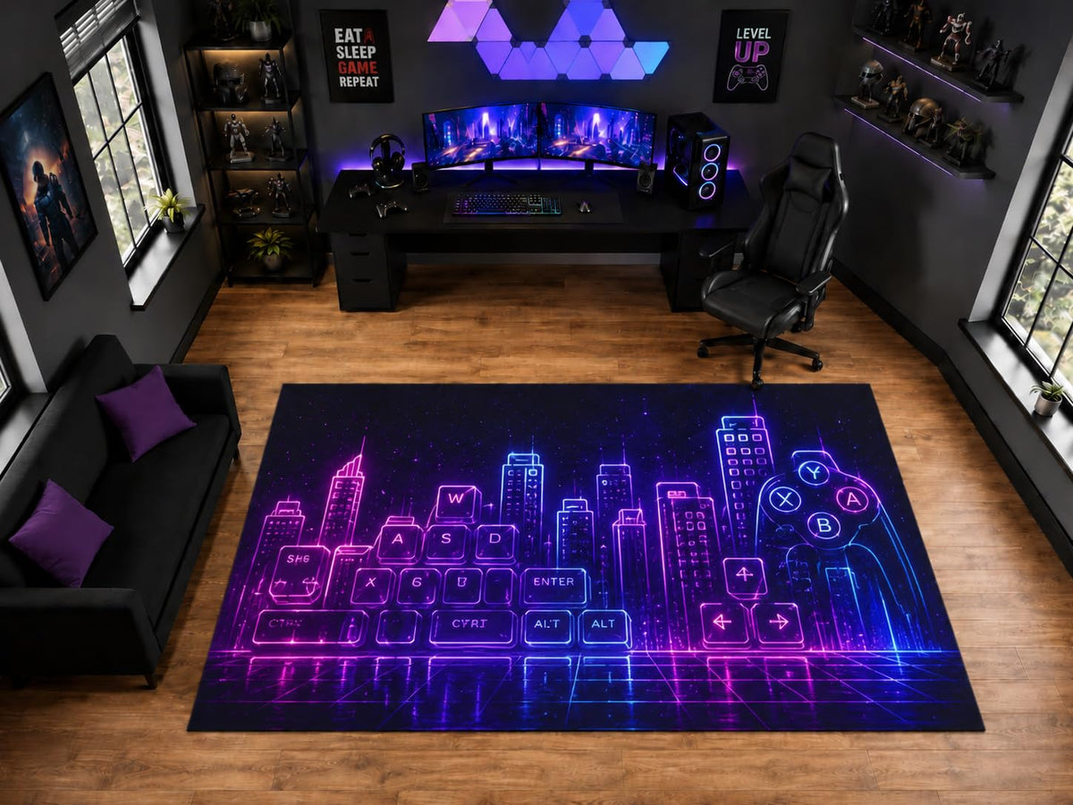 ICE ARMOR "Ultra Light Weight Large 6'7" x 9'10" Neon Keyboard City and Controller Area Rug for Gaming Room Decor, Soft Low Pile Indoor Rug with Non-Slip Silicone Backing, Pink Blue