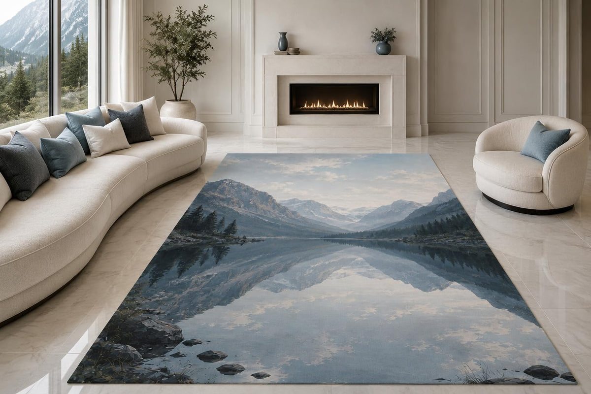 ICE ARMOR "Ultra Lightweight Large 6'7" x 9'10" Alpine Lake Mirror Area Rug for Living Room, Bedroom and Home Office, Soft Low Pile Carpet with Non-Slip Silicone Backing, Blue and Charcoal