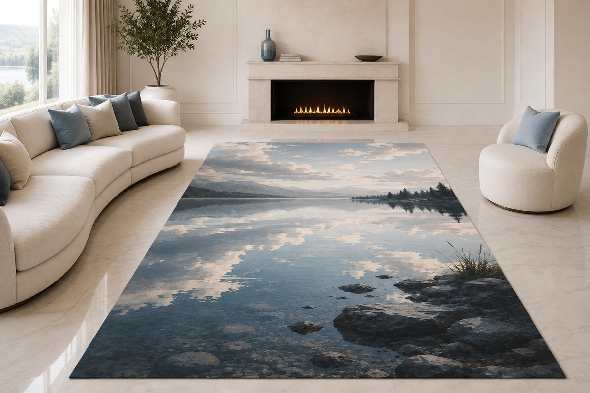 ICE ARMOR "Ultra Lightweight Large 6'7" x 9'10" Misty Shore Mountains Area Rug for Living Room, Bedroom and Home Office, Soft Low Pile Carpet with Non-Slip Silicone Backing, Blue and Gray
