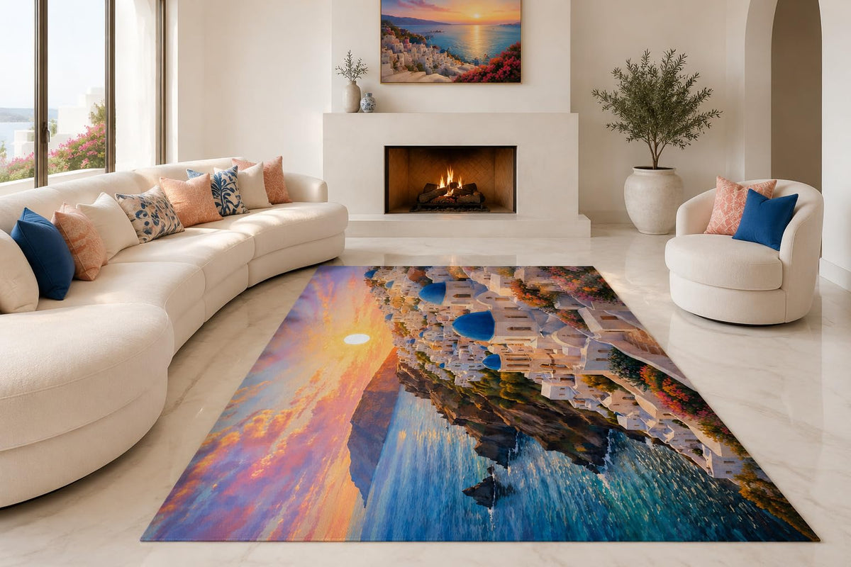 ICE ARMOR "Ultra Lightweight Large 6'7" x 9'10" Santorini Cliff Sunset Area Rug for Living Room, Bedroom and Home Office, Soft Low Pile Carpet with Non-Slip Silicone Backing, Blue and Peach