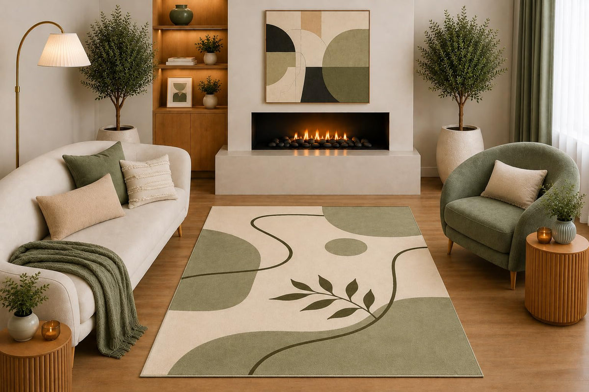 ICE ARMOR "Ultra Light Weight 5' x 7' Boho Botanical Area Rug Sage Green Beige Leaf Abstract Organic Design for Living Room Bedroom Dining Room Office Non-Slip Silicone Backing Low Pile