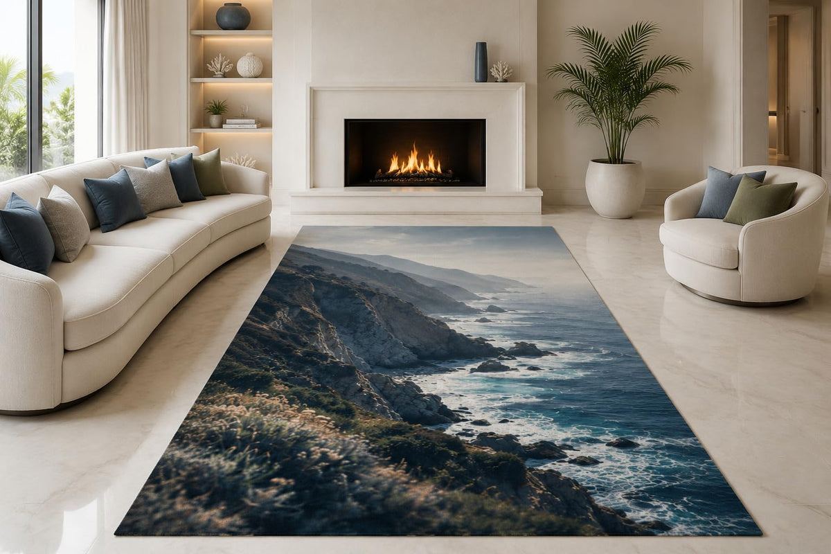 ICE ARMOR "Ultra Lightweight Large 6'7" x 9'10" Rocky Coast Waves Area Rug for Living Room, Bedroom and Home Office, Soft Low Pile Carpet with Non-Slip Silicone Backing, Navy and Gray
