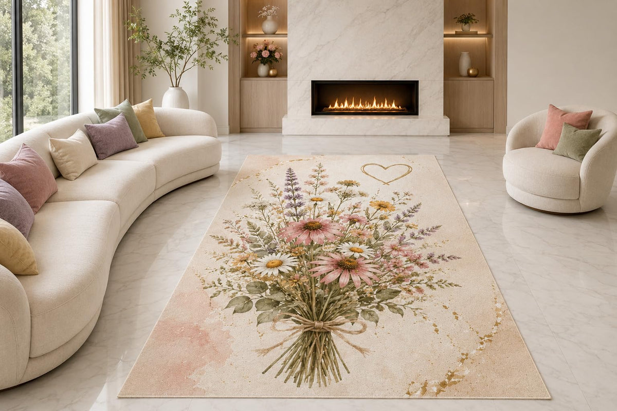 ICE ARMOR "Ultra Lightweight Large 6'7" x 9'10" Heart Flower Bouquet Area Rug for Living Room, Bedroom and Home Office, Soft Low Pile Carpet with Non-Slip Silicone Backing, Cream and Pink