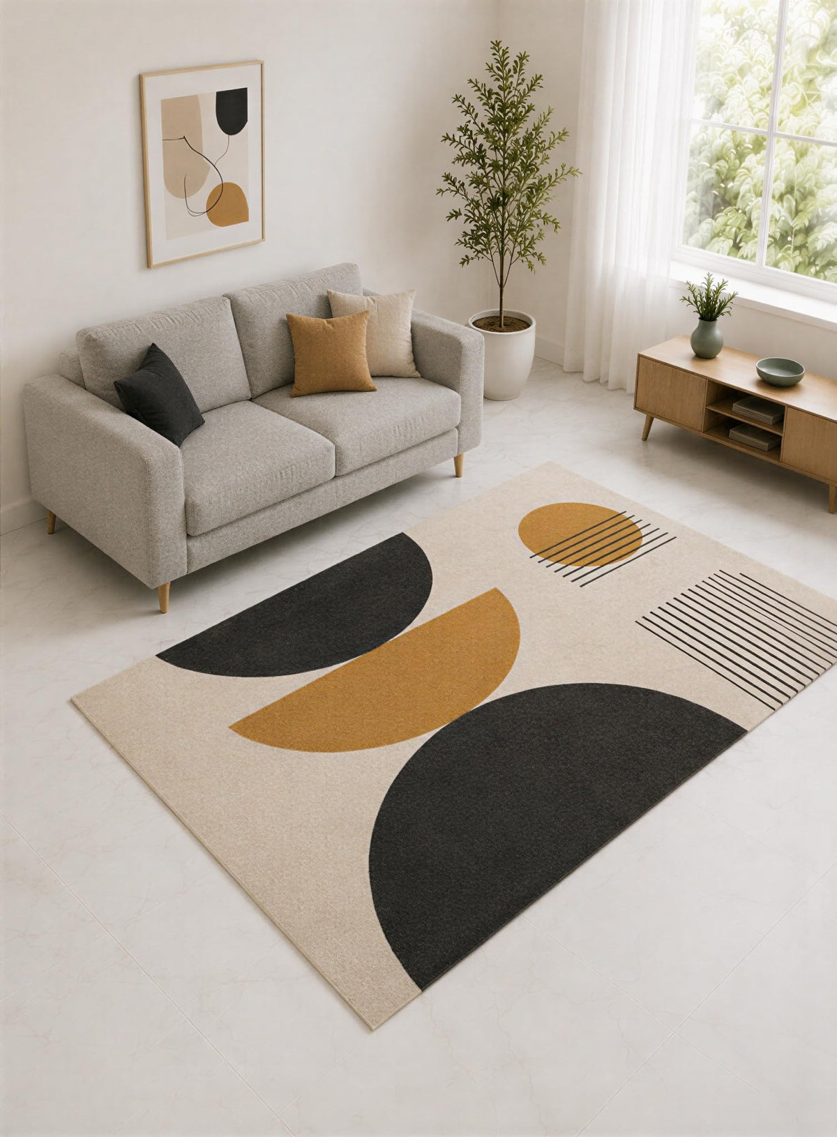 ICE ARMOR "Ultra Lightweight 5' x 7' Mustard and Charcoal Half Moon Geometric Area Rug for Living Room, Bedroom and Home Office, Soft Low Pile Carpet with Non-Slip Silicone Backing