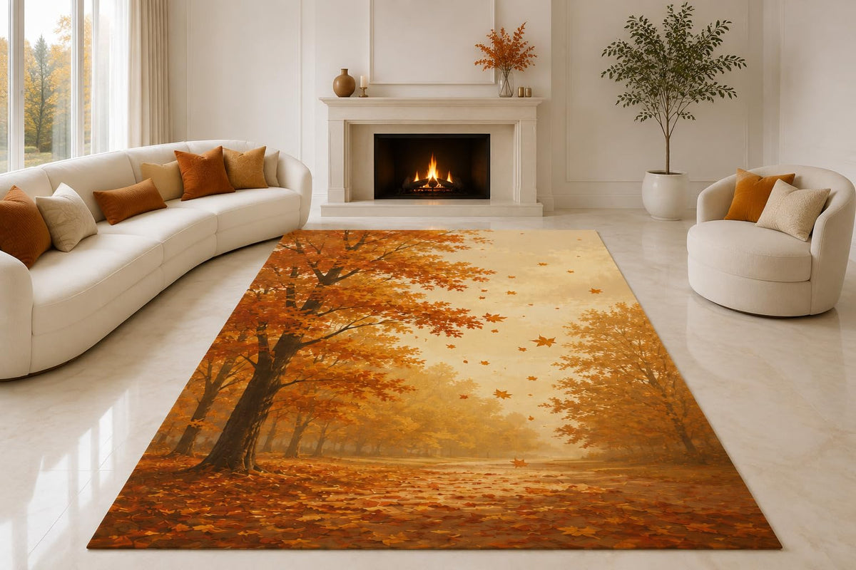 ICE ARMOR "Ultra Lightweight Large 6'7" x 9'10" Fall Forest Path Area Rug for Living Room, Bedroom and Home Office, Soft Low Pile Carpet with Non-Slip Silicone Backing, Amber and Rust