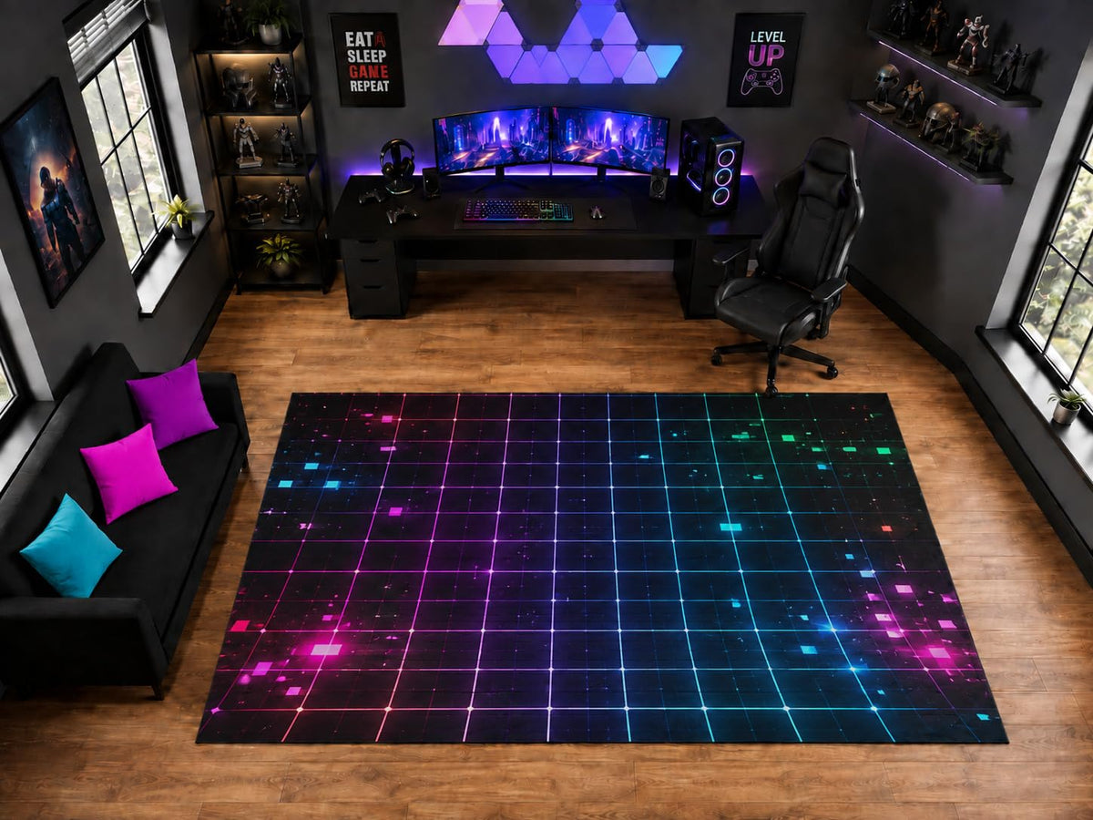 ICE ARMOR "Ultra Light Weight Large 6'7" x 9'10" Neon Digital Grid Pattern Area Rug for Playroom Decor, Soft Low Pile Indoor Rug with Non-Slip Silicone Backing, Black Pink Blue