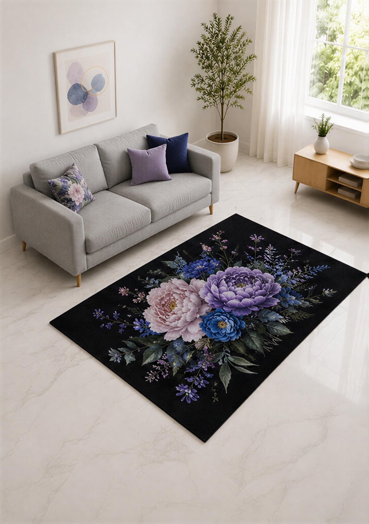 ICE ARMOR "Ultra Lightweight 5' x 7' Purple and Blue Peony Bouquet Area Rug for Living Room, Bedroom and Home Office, Soft Low Pile Carpet with Non-Slip Silicone Backing