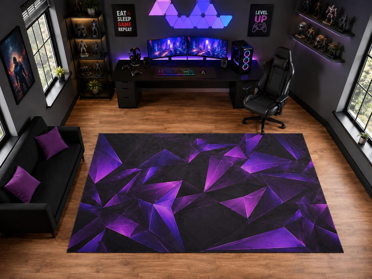 ICE ARMOR "Ultra Light Weight Large 6'7" x 9'10" Purple Polygon Crystal Shards Area Rug for Playroom Decor, Soft Low Pile Indoor Rug with Non-Slip Silicone Backing, Black Purple