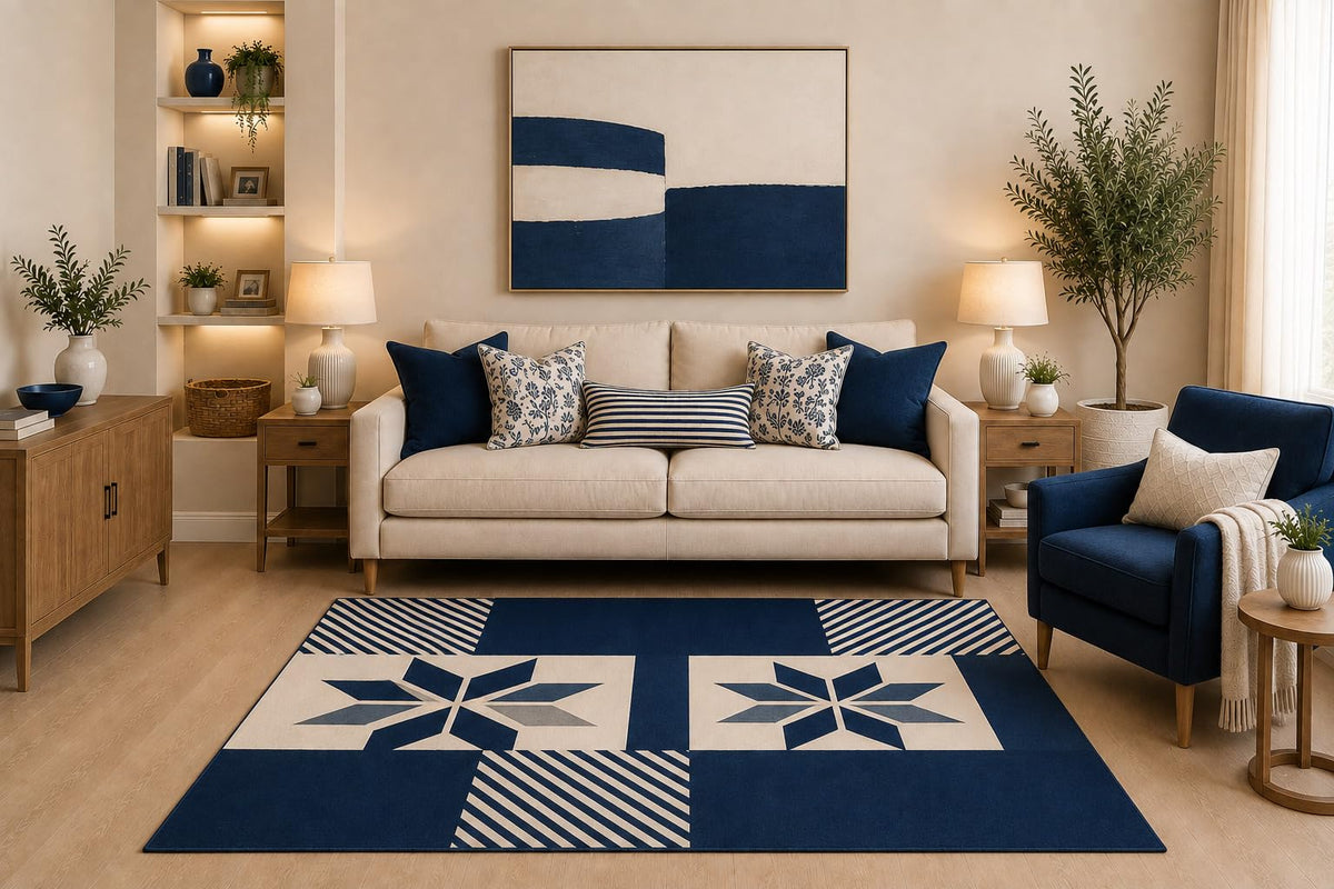 ICE ARMOR "Ultra Light Weight 5' x 7' Modern Nordic Star Area Rug Navy Blue Cream Geometric Stripe Pattern for Living Room Bedroom Dining Room Office Non-Slip Silicone Backing Low Pile