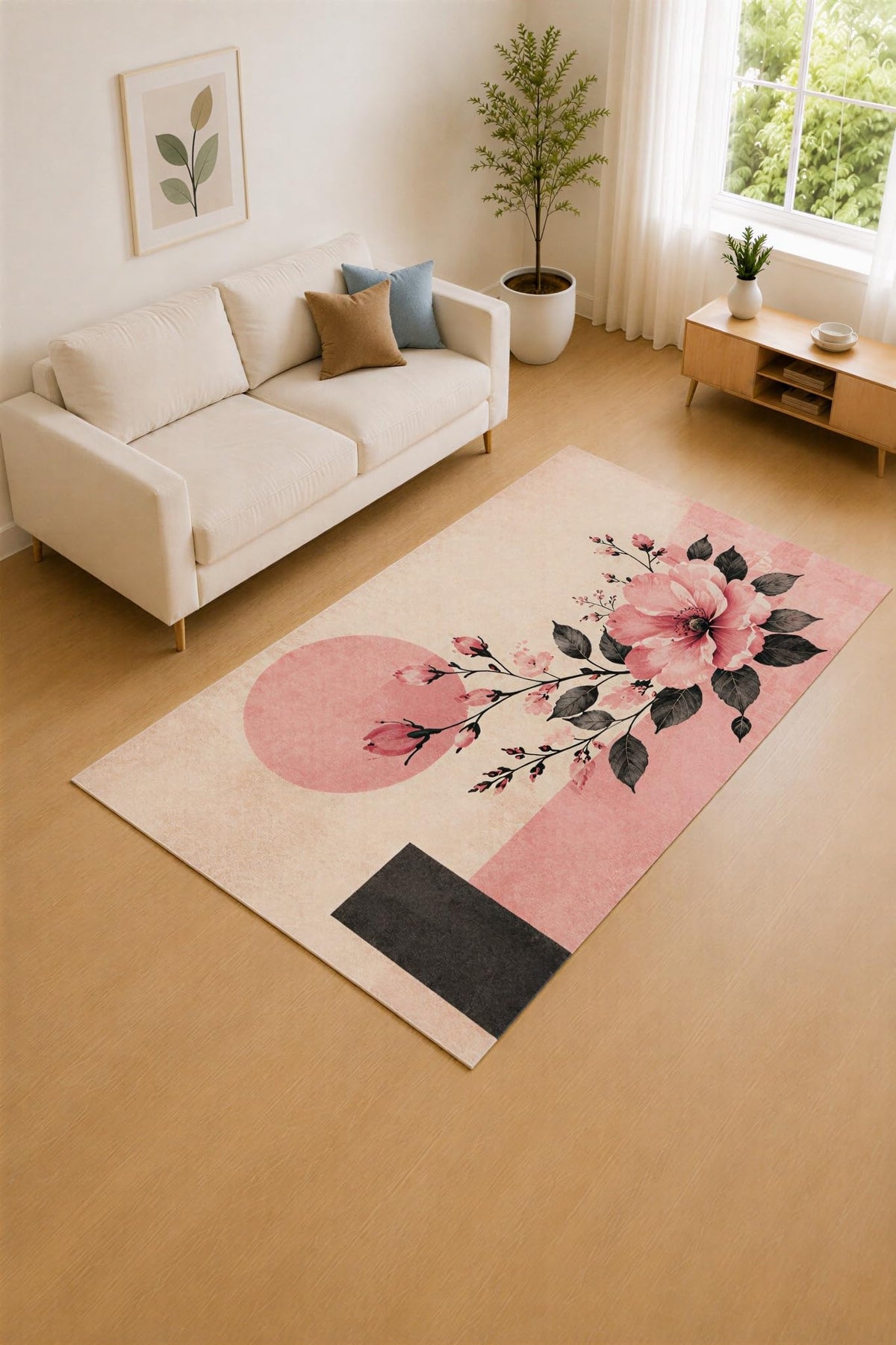 ICE ARMOR "Ultra Lightweight 5' x 7' Pink and Black Modern Flower Accent Area Rug for Living Room, Bedroom and Home Office, Soft Low Pile Carpet with Non-Slip Silicone Backing