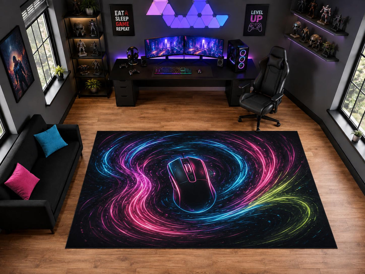 ICE ARMOR "Ultra Light Weight Large 6'7" x 9'10" Gaming Mouse Neon Swirl Area Rug for Playroom Decor, Soft Low Pile Indoor Rug with Non-Slip Silicone Backing, Black Pink Blue Green