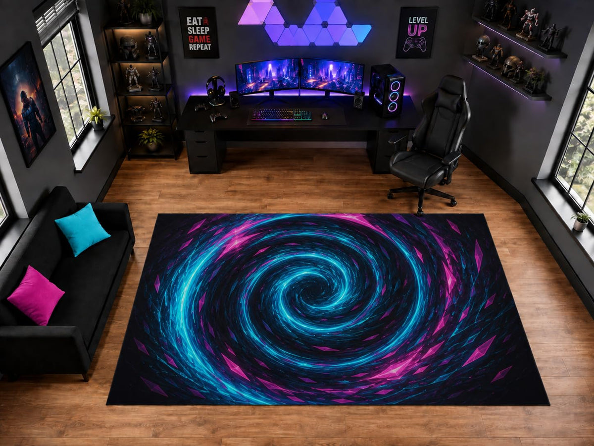 ICE ARMOR "Ultra Light Weight Large 6'7" x 9'10" Neon Spiral Vortex Pattern Area Rug for Playroom Decor, Soft Low Pile Indoor Rug with Non-Slip Silicone Backing, Black Blue Pink