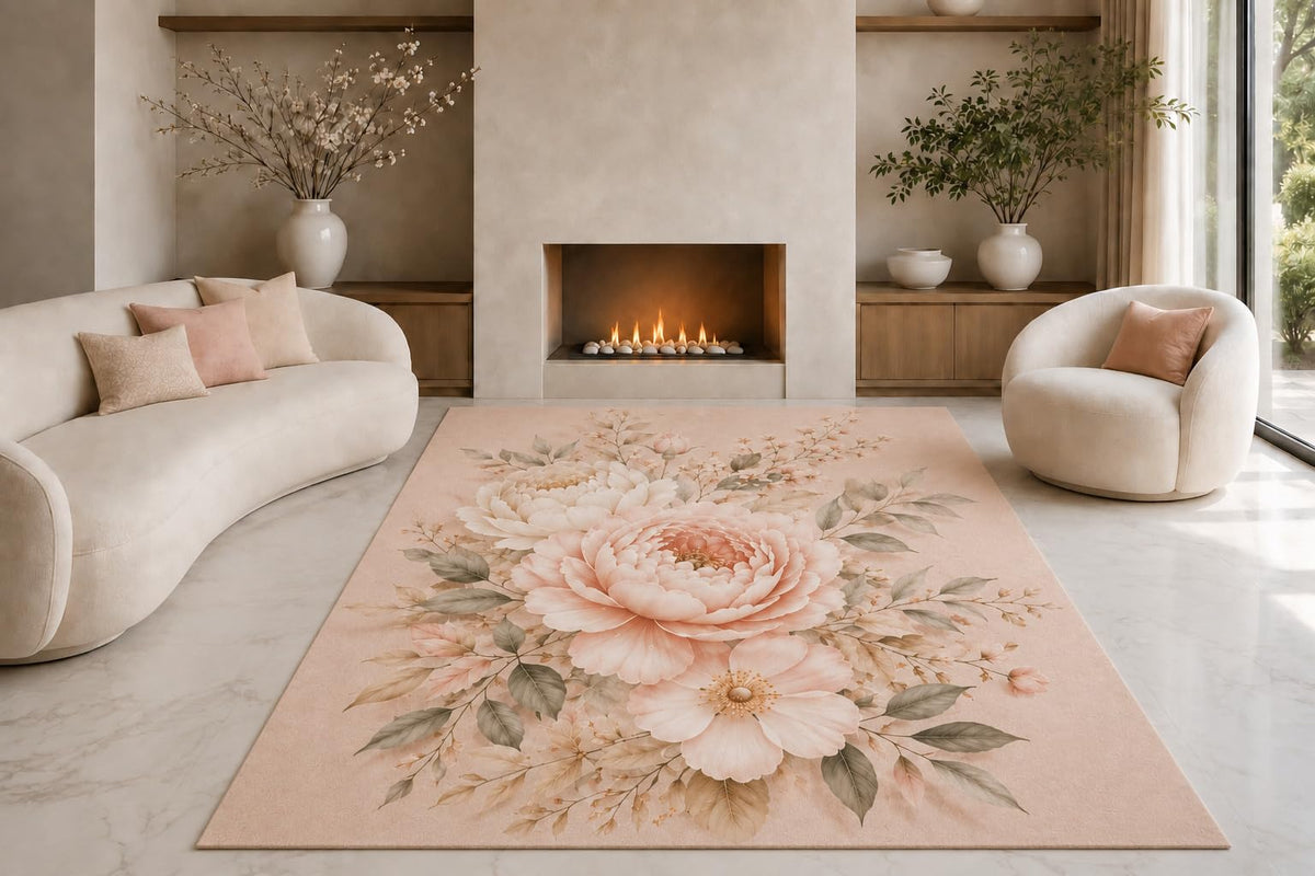 ICE ARMOR "Ultra Lightweight Large 6'7" x 9'10" Delicate Peony Bloom Area Rug for Living Room, Bedroom and Home Office, Soft Low Pile Carpet with Non-Slip Silicone Backing, Blush and Cream