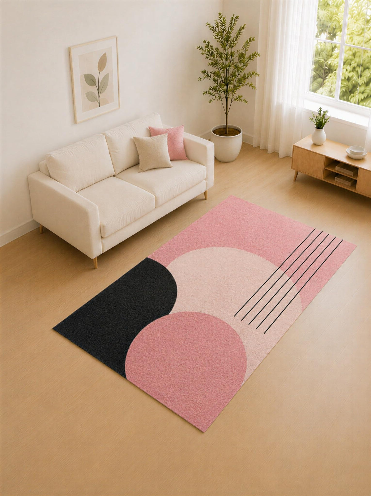 ICE ARMOR "Ultra Lightweight 5' x 7' Pink and Black Geometric Circle Area Rug for Living Room, Bedroom and Home Office, Soft Low Pile Carpet with Non-Slip Silicone Backing
