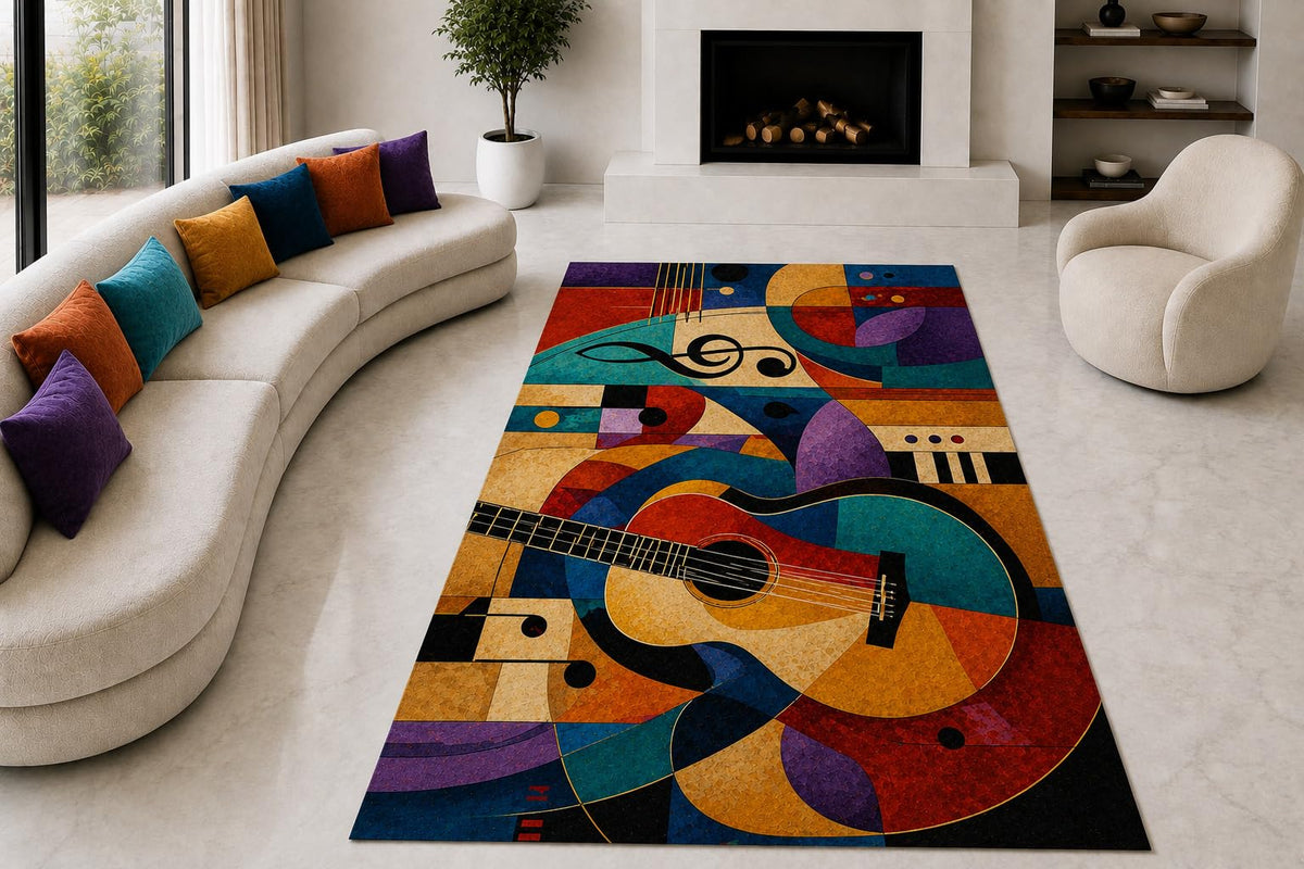 ICE ARMOR "Ultra Lightweight Large 6'7" x 9'10" Geometric Guitar Music Area Rug for Living Room, Bedroom and Home Office, Soft Low Pile Carpet with Non-Slip Silicone Backing, Blue and Red
