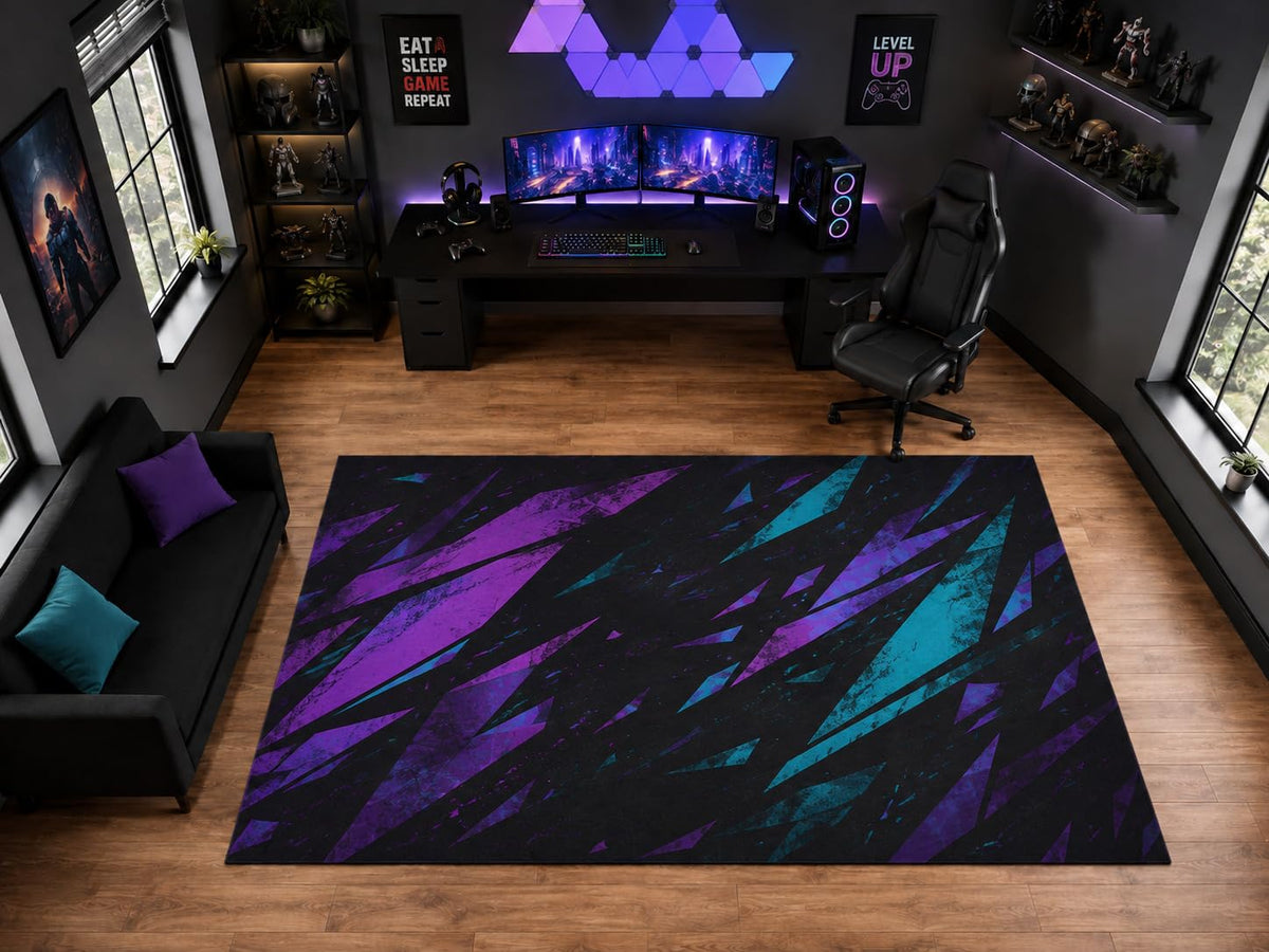 ICE ARMOR "Ultra Light Weight Large 6'7" x 9'10" Abstract Shard Stripe Pattern Area Rug for Playroom Decor, Soft Low Pile Indoor Rug with Non-Slip Silicone Backing, Black Purple Blue