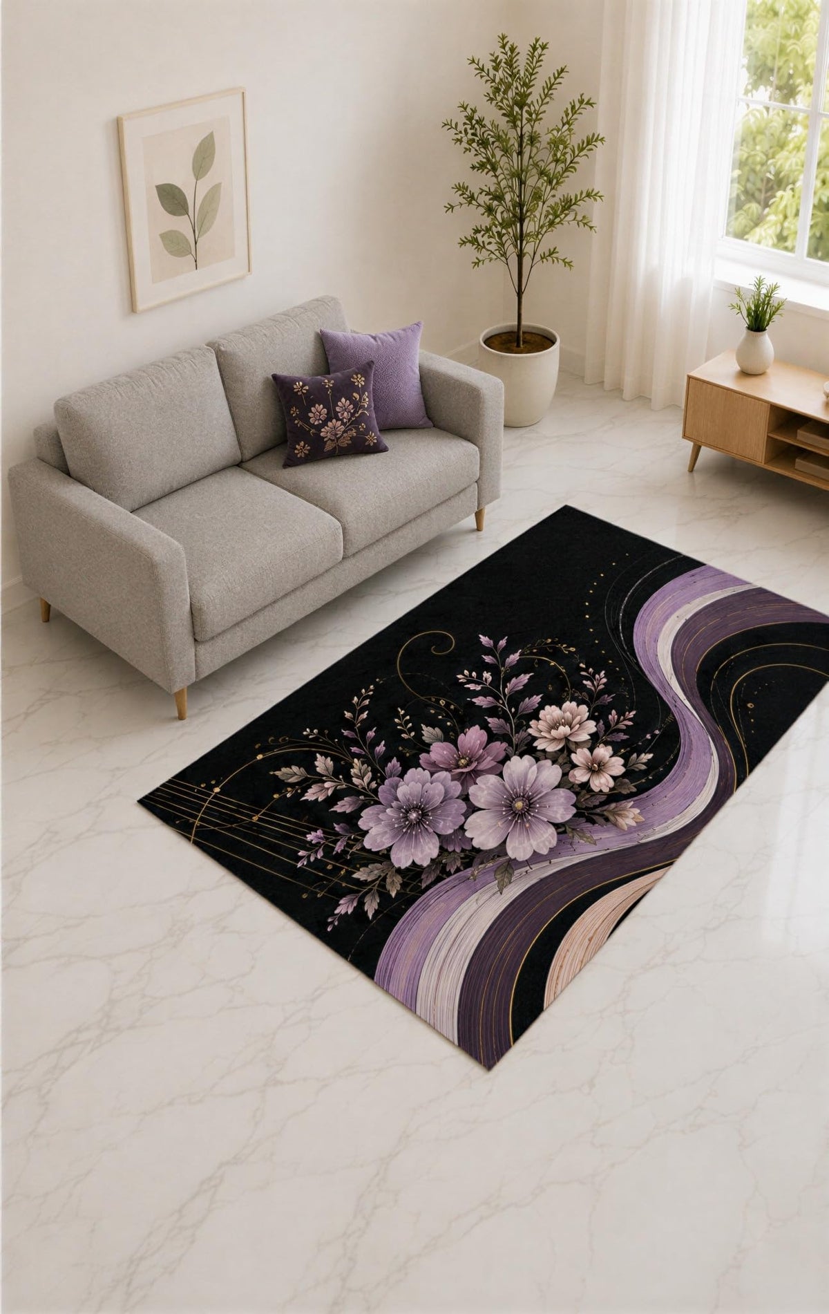 ICE ARMOR "Ultra Lightweight 5' x 7' Lilac and Black Flowing Petals Area Rug for Living Room, Bedroom and Home Office, Soft Low Pile Carpet with Non-Slip Silicone Backing