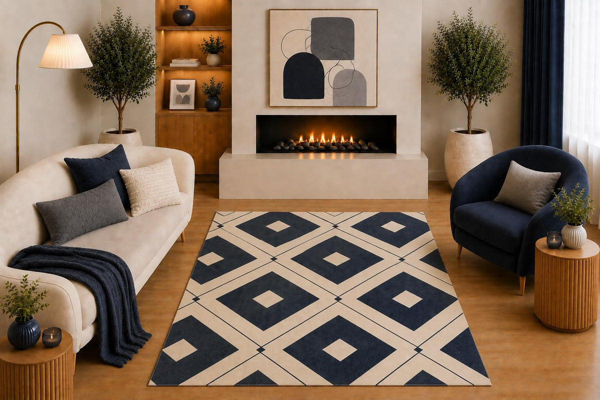 ICE ARMOR "Ultra Light Weight 5' x 7' Modern Geometric Area Rug Navy Blue Beige Gray Diamond Trellis Pattern Design for Living Room Bedroom Dining Room Office Non-Slip Silicone Backing Low Pile