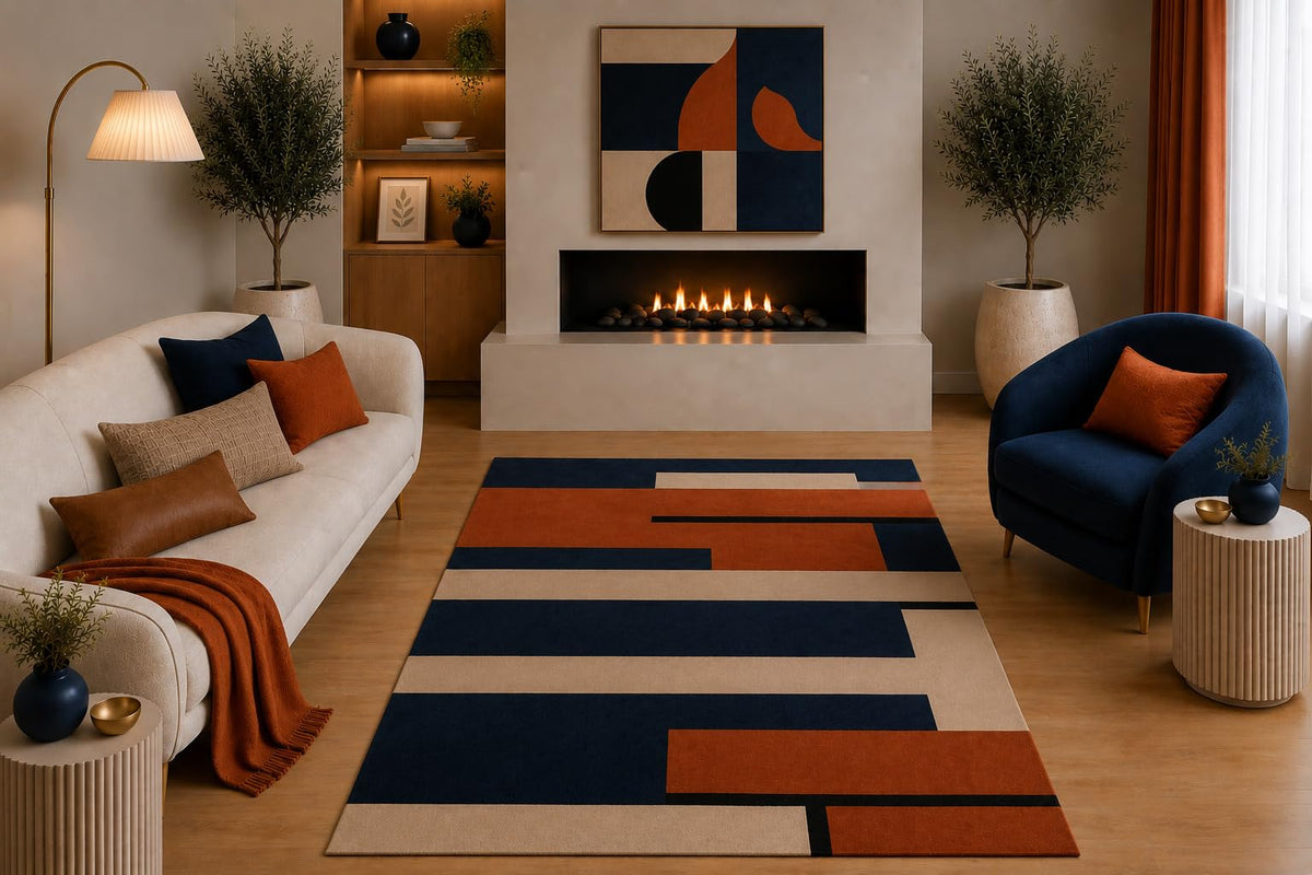 ICE ARMOR "Ultra Light Weight 5' x 7' Modern Geometric Area Rug Navy Blue Rust Beige Abstract Block Design for Living Room Bedroom Dining Room Office Non-Slip Silicone Backing Low Pile