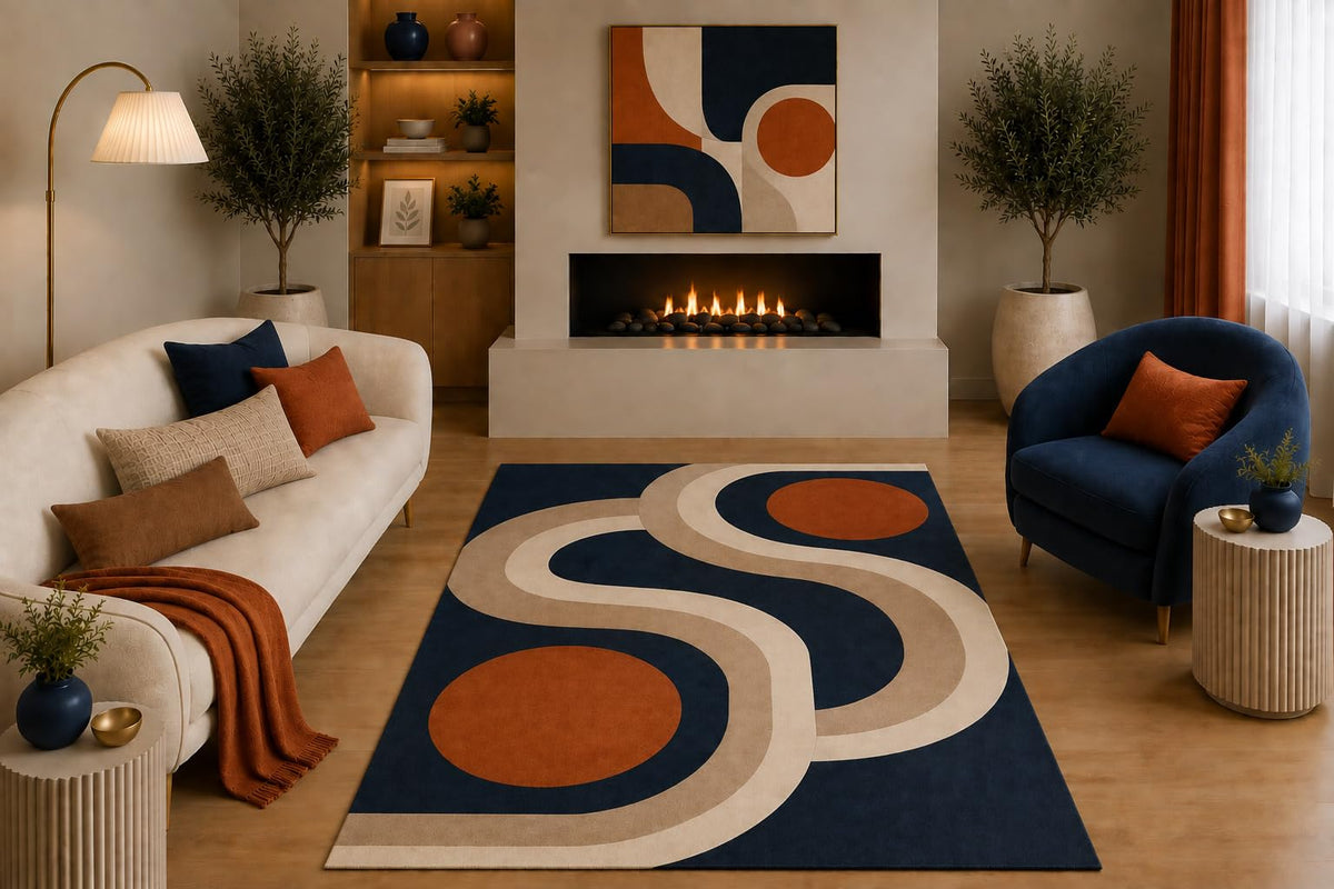 ICE ARMOR "Ultra Light Weight 5' x 7' Mid Century Modern Area Rug Navy Blue Rust Beige Abstract Curved Circle Design for Living Room Bedroom Dining Room Non-Slip Silicone Backing Low Pile