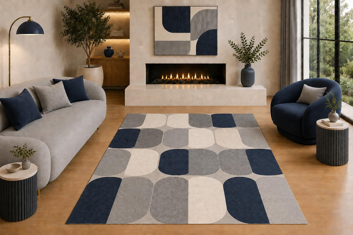 ICE ARMOR "Ultra Light Weight 5' x 7' Mid Century Modern Geometric Area Rug Navy Blue Gray Cream Rounded Tile Pattern for Living Room Bedroom Dining Room Non-Slip Silicone Backing Low Pile