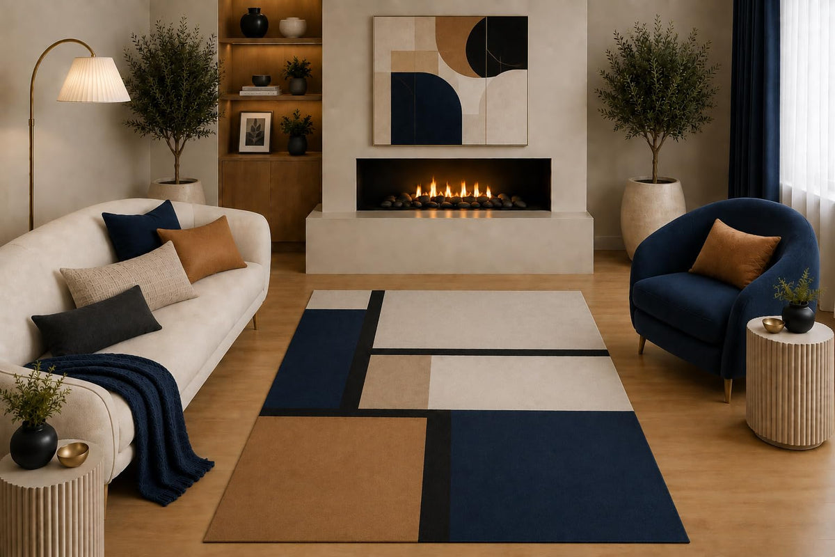 ICE ARMOR "Ultra Light Weight 5' x 7' Modern Abstract Geometric Area Rug Navy Blue Tan Beige Color Block Design for Living Room Bedroom Dining Room Non-Slip Silicone Backing Low Pile
