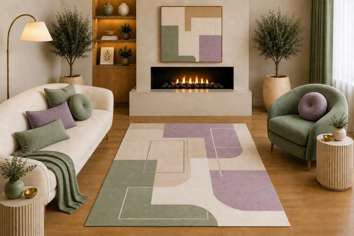 ICE ARMOR "Ultra Light Weight 5' x 7' Modern Geometric Area Rug Sage Green Lavender Beige Abstract Block Line Design for Living Room Bedroom Nursery Office Non-Slip Silicone Backing Low Pile