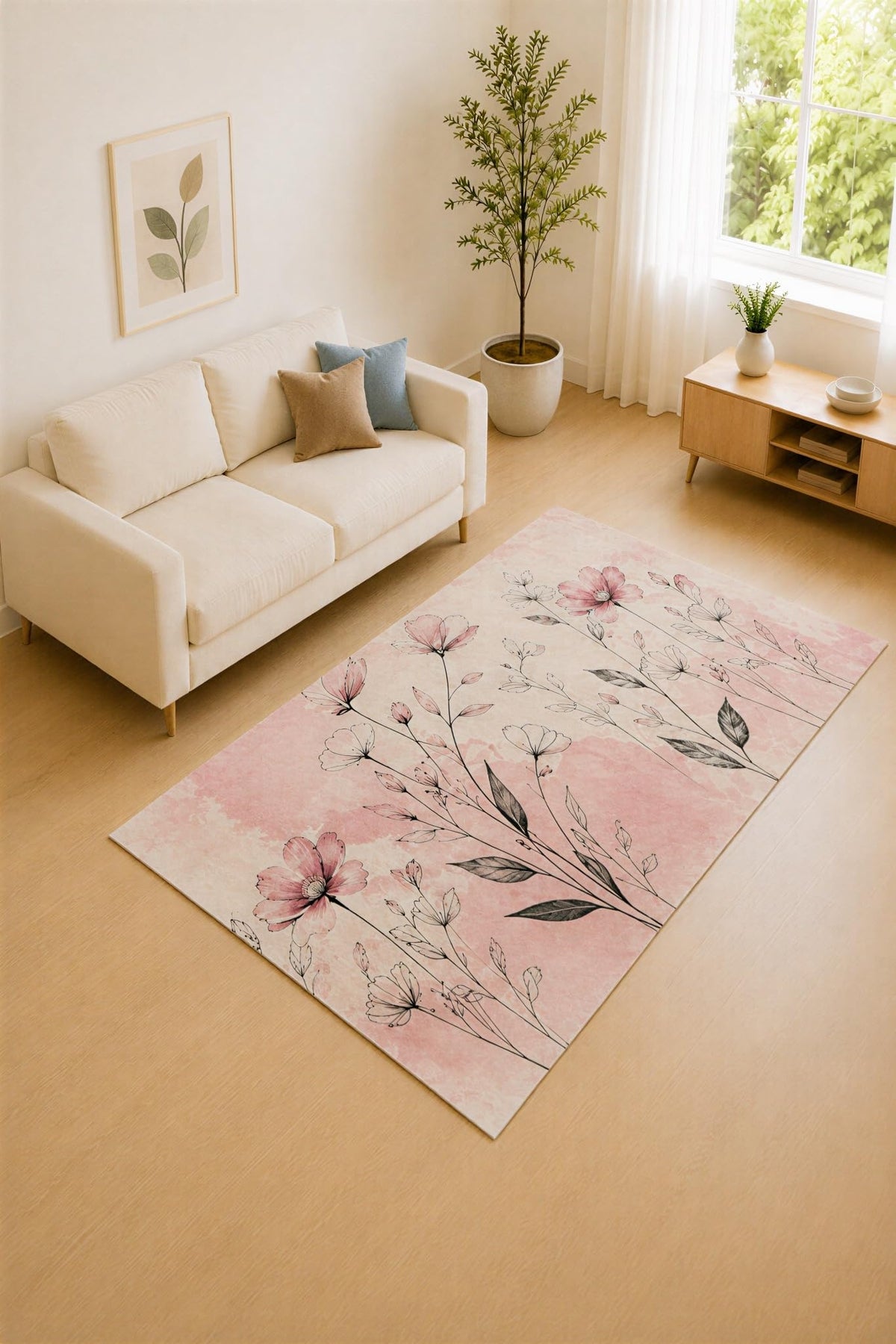 ICE ARMOR "Ultra Lightweight 5' x 7' Blush Pink and Black Botanical Sketch Area Rug for Living Room, Bedroom and Home Office, Soft Low Pile Carpet with Non-Slip Silicone Backing