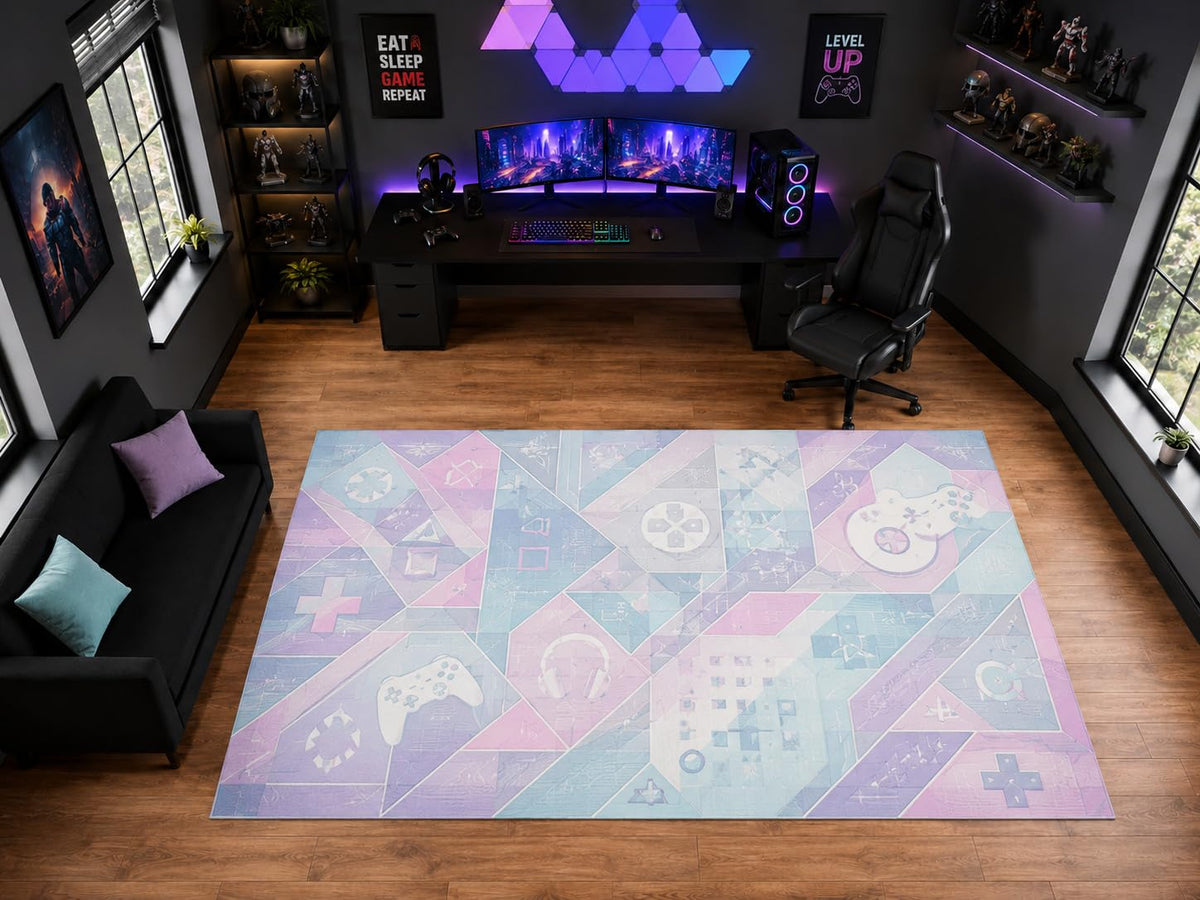 ICE ARMOR "Ultra Light Weight Large 6'7" x 9'10" Pastel Gaming Icons Geometric Area Rug for Playroom Decor, Soft Low Pile Indoor Rug with Non-Slip Silicone Backing, Pink Blue Purple