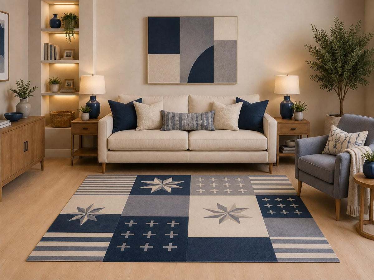 ICE ARMOR "Ultra Light Weight 5' x 7' Modern Patchwork Area Rug Navy Blue Gray Cream Nordic Star Geometric Pattern for Living Room Bedroom Dining Room Non-Slip Silicone Backing Low Pile