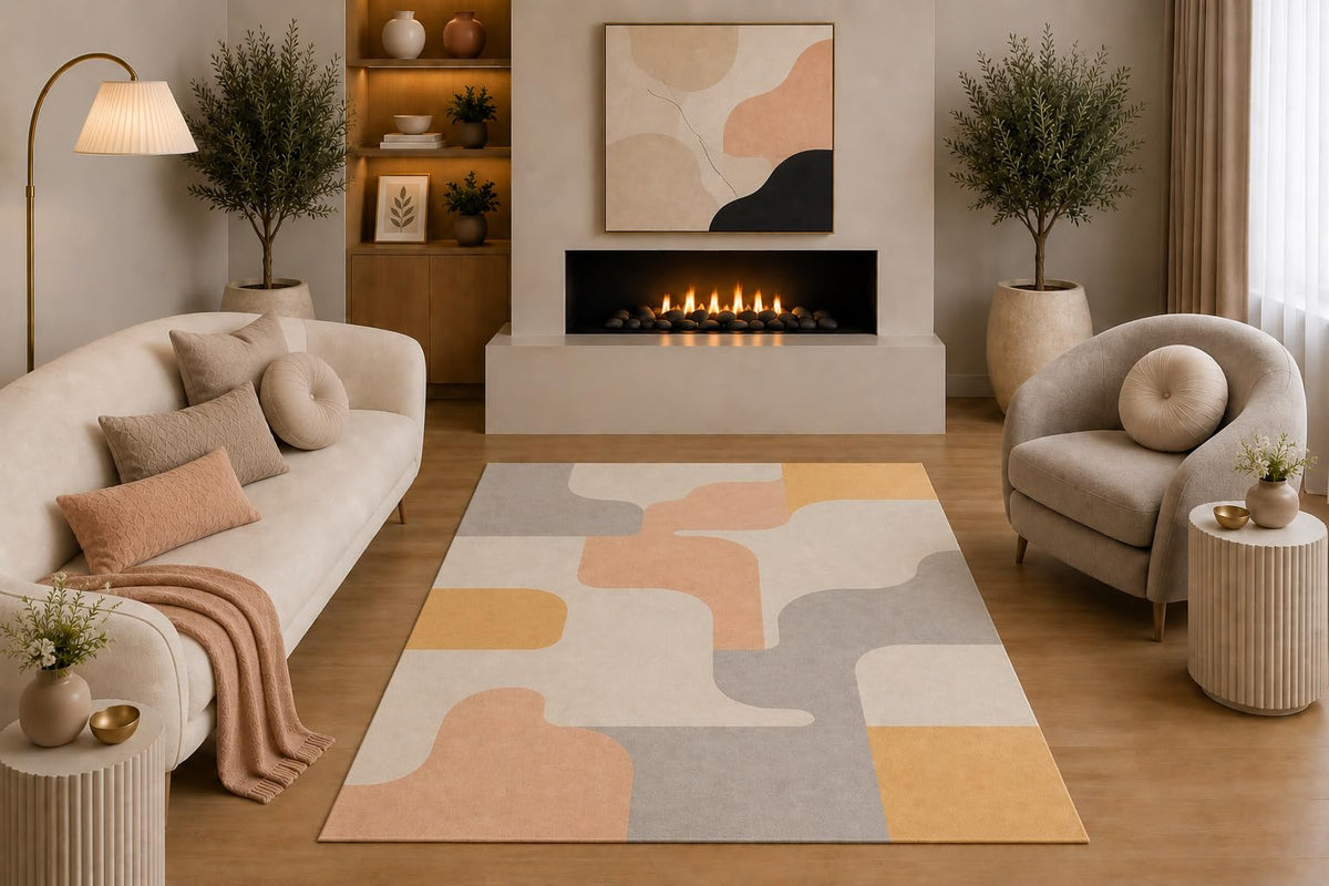 ICE ARMOR "Ultra Light Weight 5' x 7' Modern Abstract Area Rug Peach Beige Gray Mustard Organic Shape Minimalist Design for Living Room Bedroom Nursery Office Non-Slip Silicone Backing Low Pile
