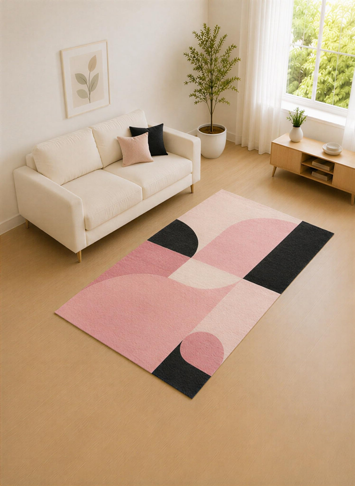 ICE ARMOR "Ultra Lightweight 5' x 7' Rose Pink and Black Modern Geometric Area Rug for Living Room, Bedroom and Home Office, Soft Low Pile Carpet with Non-Slip Silicone Backing