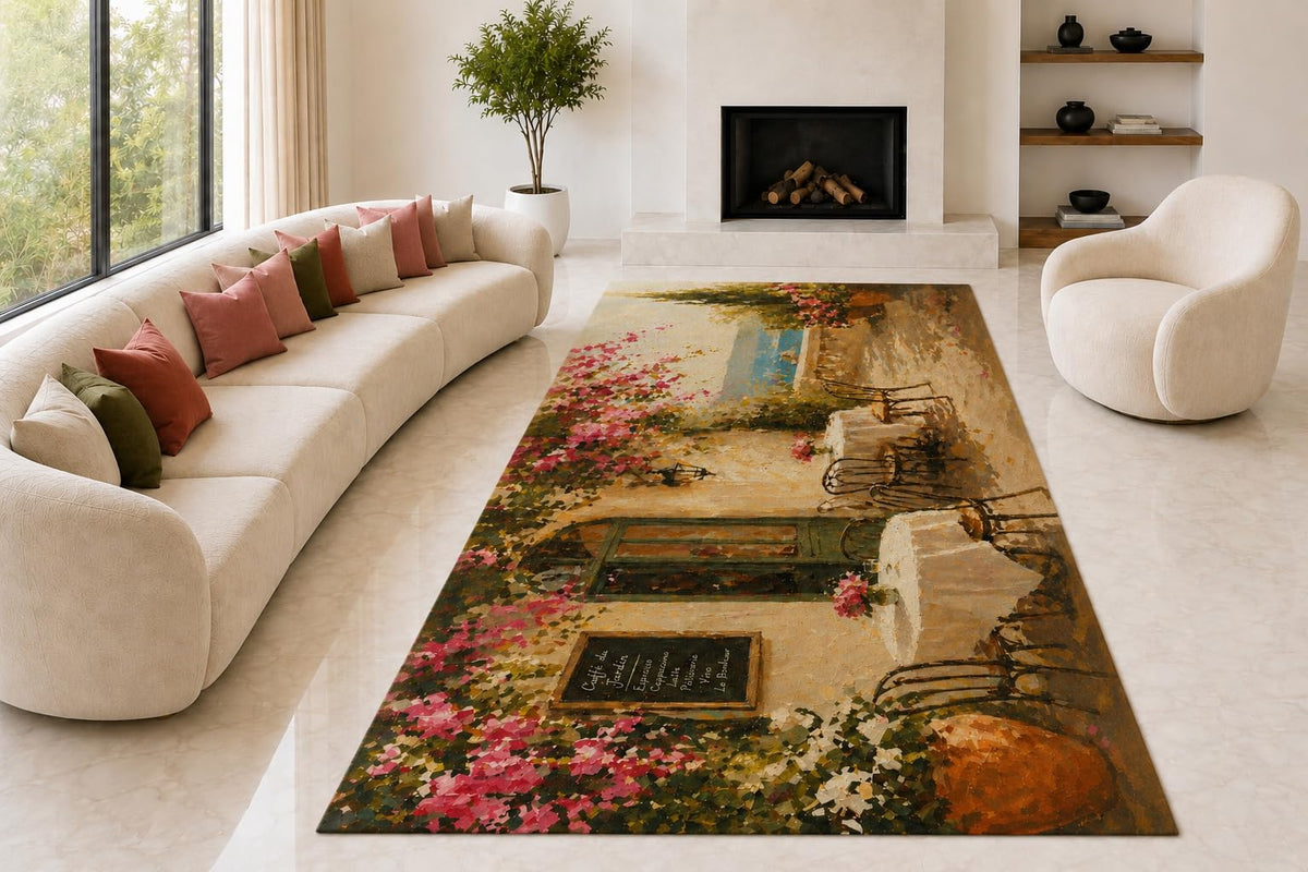 ICE ARMOR "Ultra Lightweight Large 6'7" x 9'10" Flower Cafe Courtyard Area Rug for Living Room, Bedroom and Home Office, Soft Low Pile Carpet with Non-Slip Silicone Backing, Pink and Beige