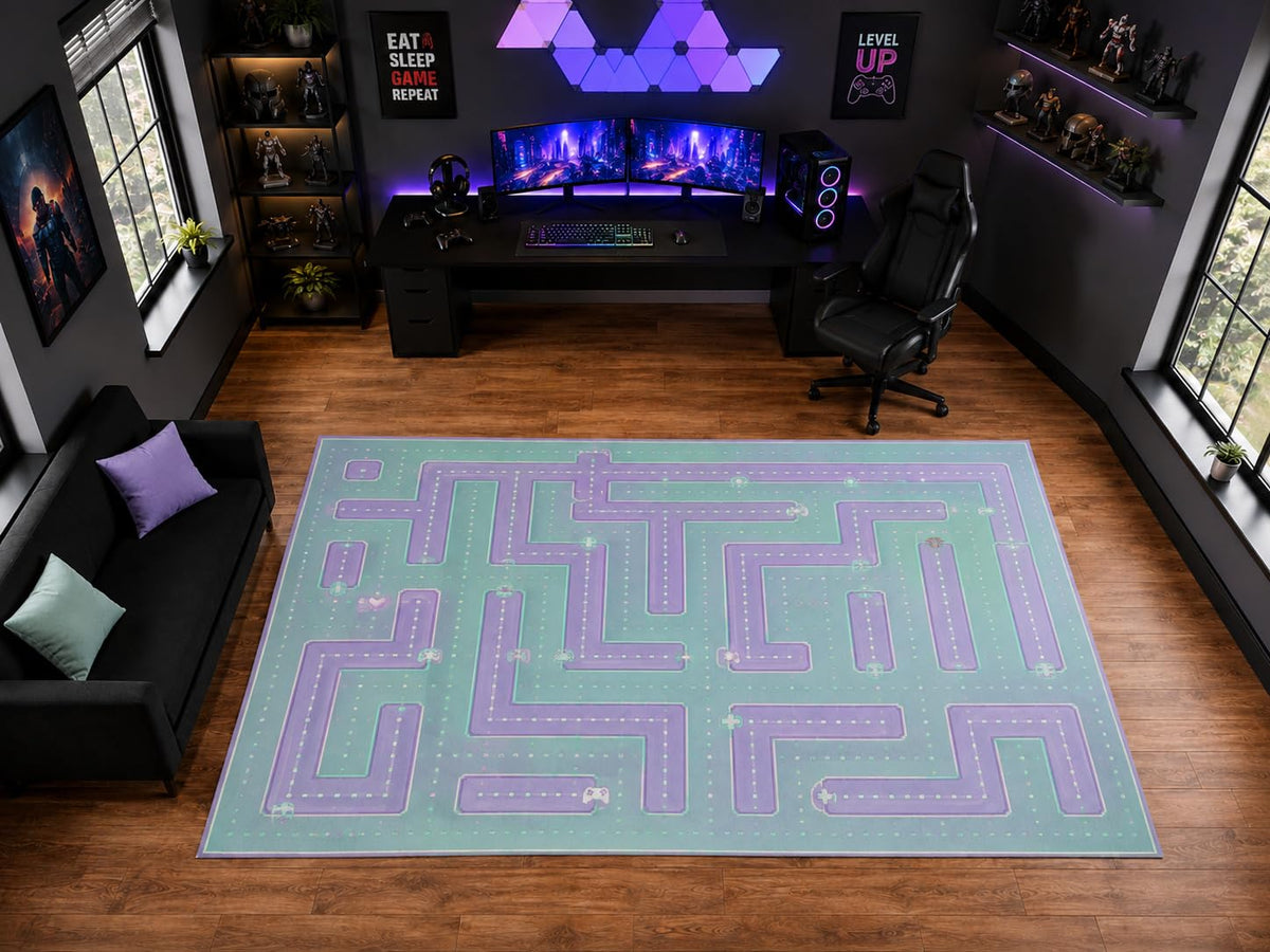 ICE ARMOR "Ultra Light Weight Large 6'7" x 9'10" Pastel Arcade Maze Game Area Rug for Playroom Decor, Soft Low Pile Indoor Rug with Non-Slip Silicone Backing, Mint Green Purple