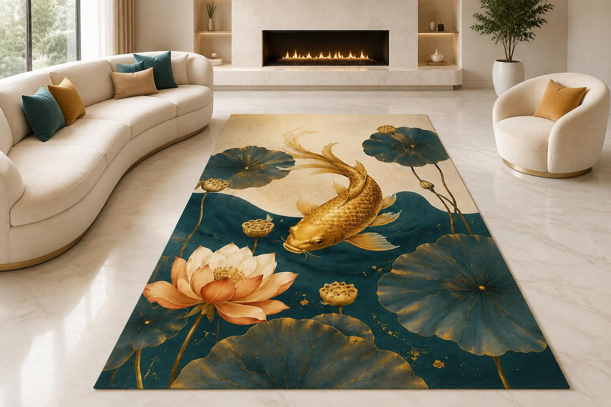 ICE ARMOR "Ultra Lightweight Large 6'7" x 9'10" Lotus Koi Pond Area Rug for Living Room, Bedroom and Home Office, Soft Low Pile Carpet with Non-Slip Silicone Backing, Teal and Golden Color